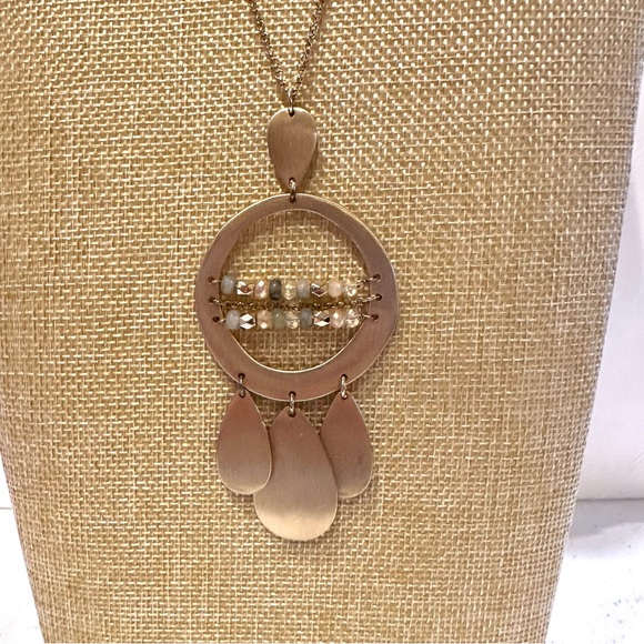 Jade & Jasper Necklace- long gold tone w/ brushed gold beaded pendant teardrop - Picture 8 of 12